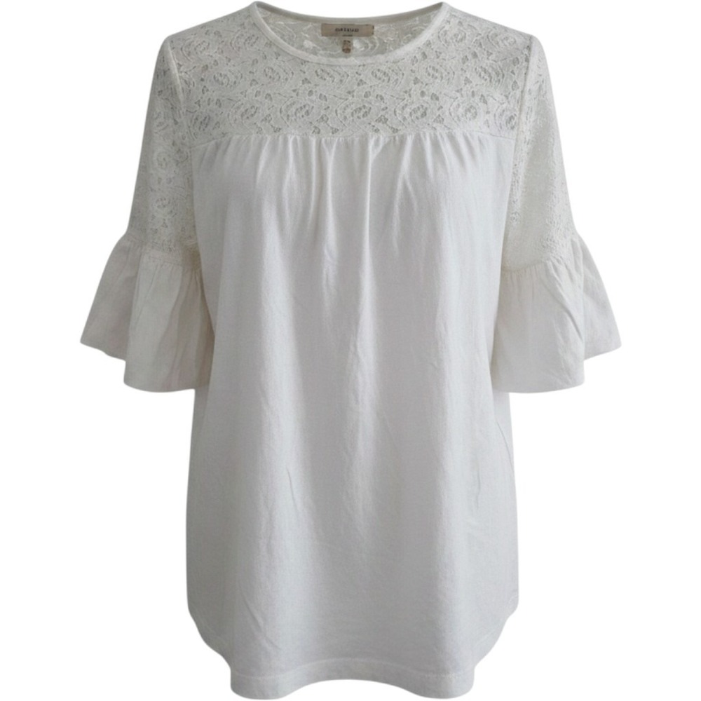 Kim Rogers Womens White Lace Yoke Ruffle Bell Sleeve Blouse Size M Cotton Knit